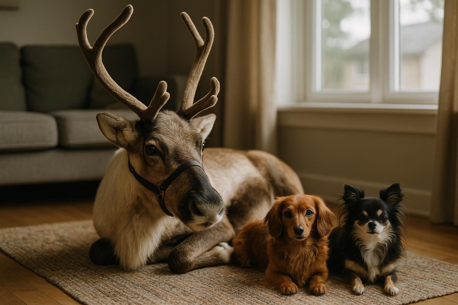 A reindeer named Lars resting on a living room rug beside two small dogs, indoor natural light