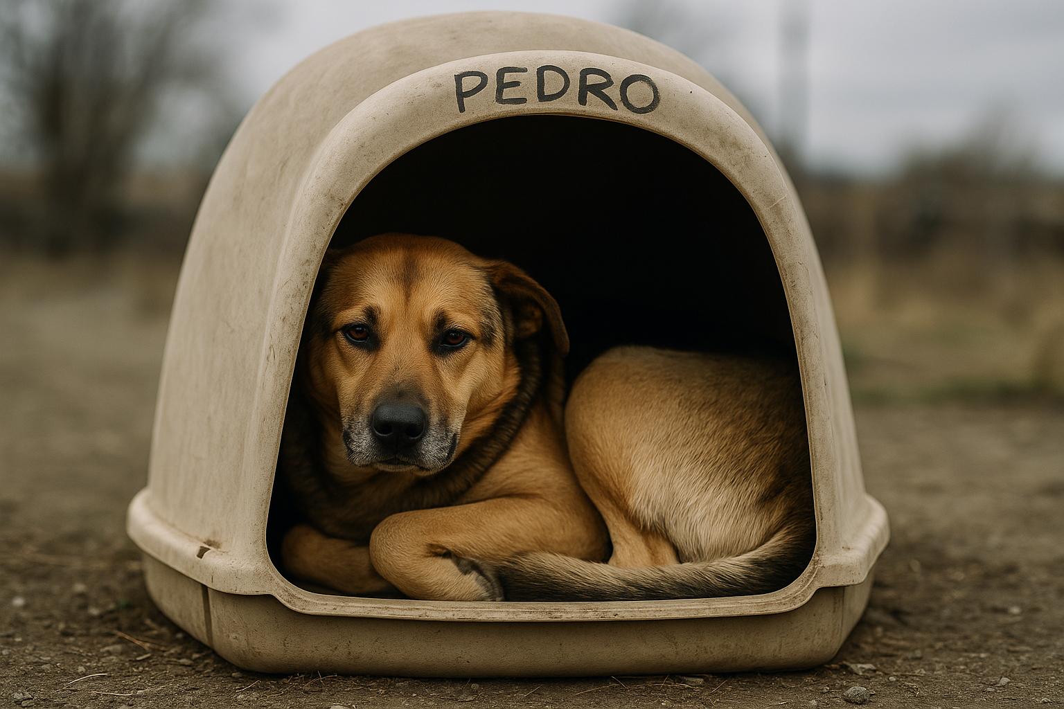 A medium-sized stray dog named Pedro resting inside a simple plastic tote igloo shelter outdoors in Yakima County under overcast skies.