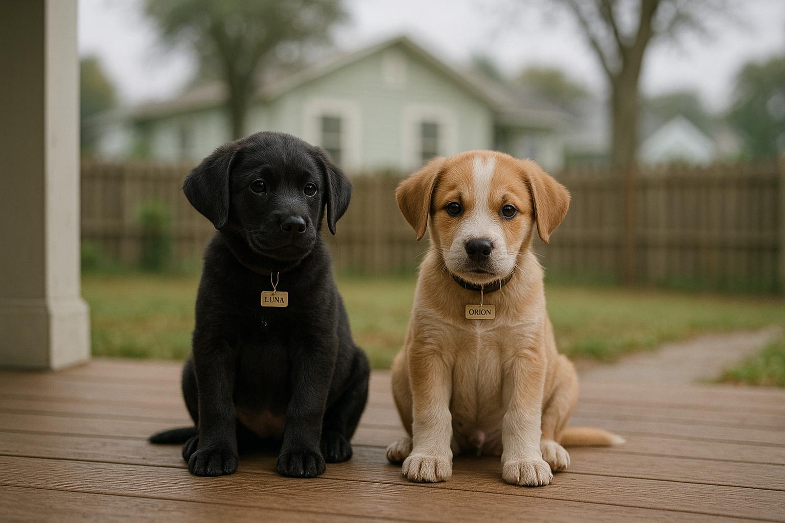 Two puppies, Luna and Orion, sitting together on a porch in a fenced yard in Ybor Heights, Tampa