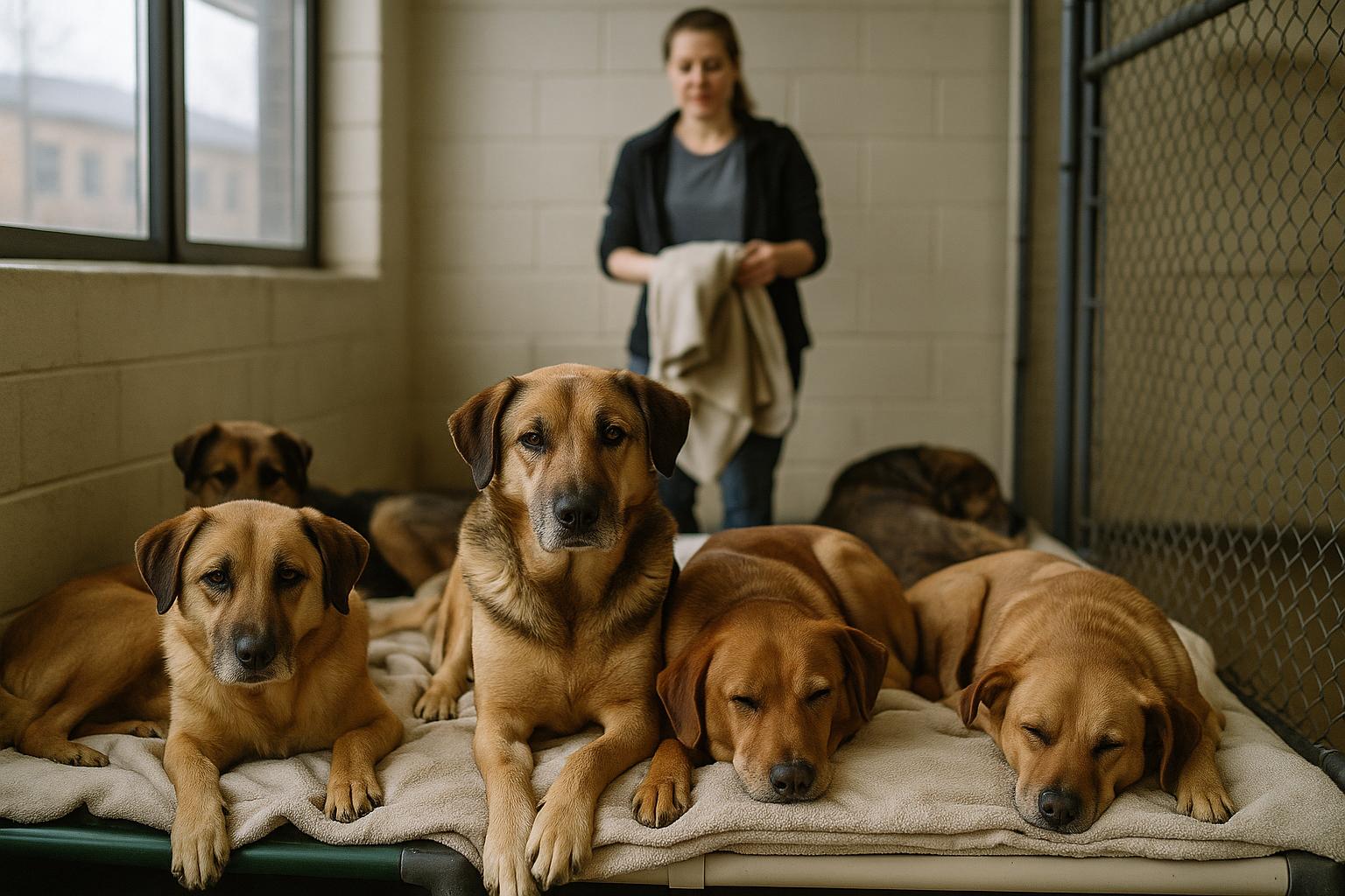 Mixed-breed dogs resting on bedding inside a shelter kennel as a volunteer tends to them in the former Yellowstone Valley Animal Shelter building.