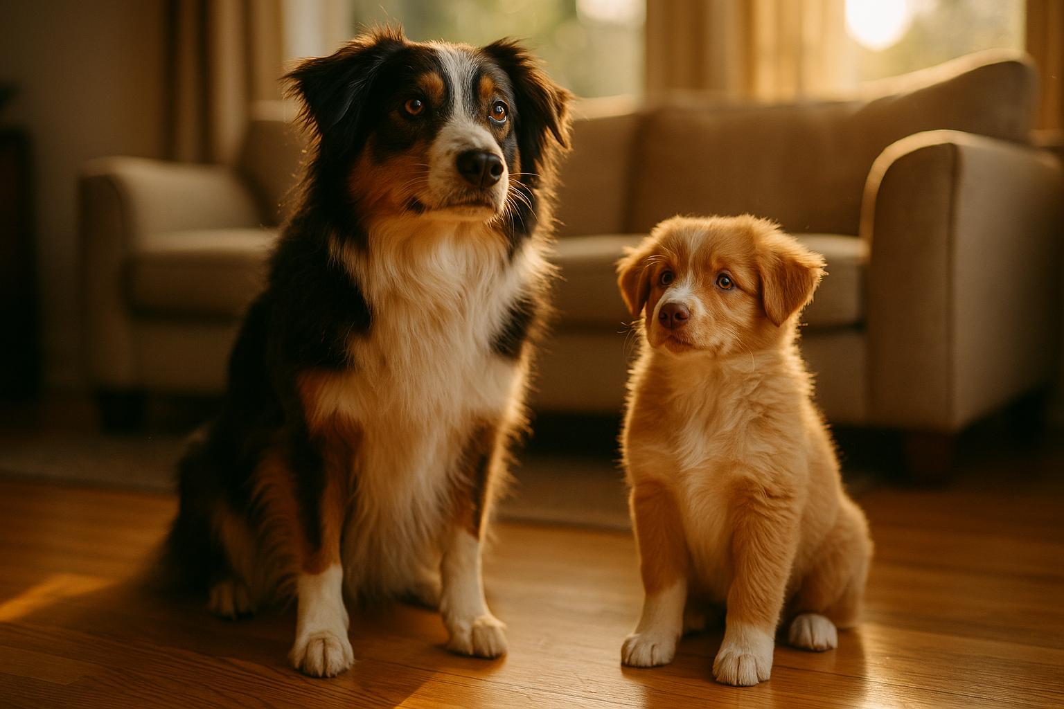 Adult Australian Shepherd Yuki sitting beside puppy Butters inside a sunlit living room; Yuki looks expectant while Butters sits.