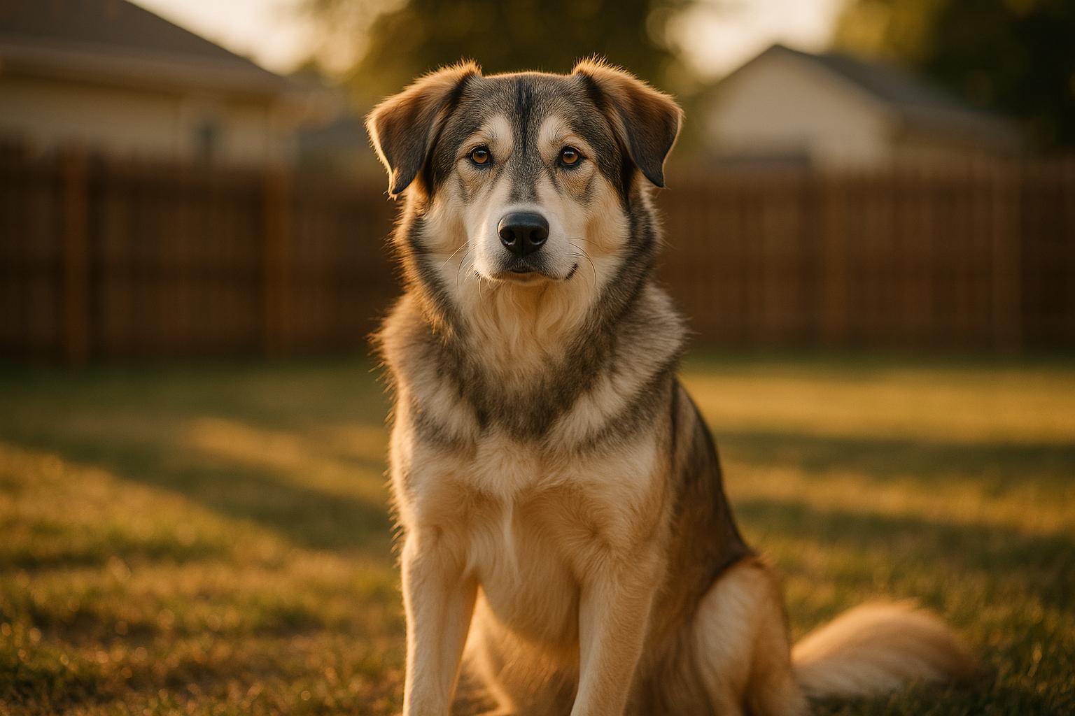 Zade, a golden retriever–husky mix with gray-and-white husky markings and a golden retriever build, sitting in a backyard at golden hour