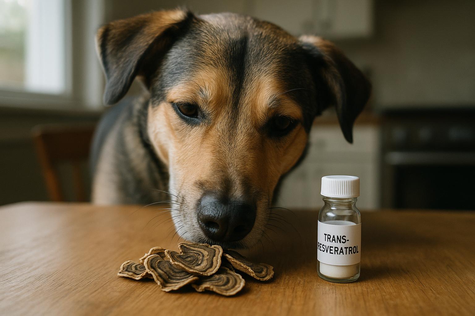 Mixed-breed dog investigating Turkey Tail mushroom slices and a vial labeled Trans-Resveratrol on a wooden table in natural light
