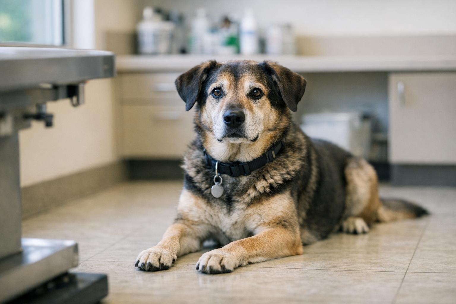 A calm mixed-breed dog sitting in a veterinary clinic exam room under soft natural light