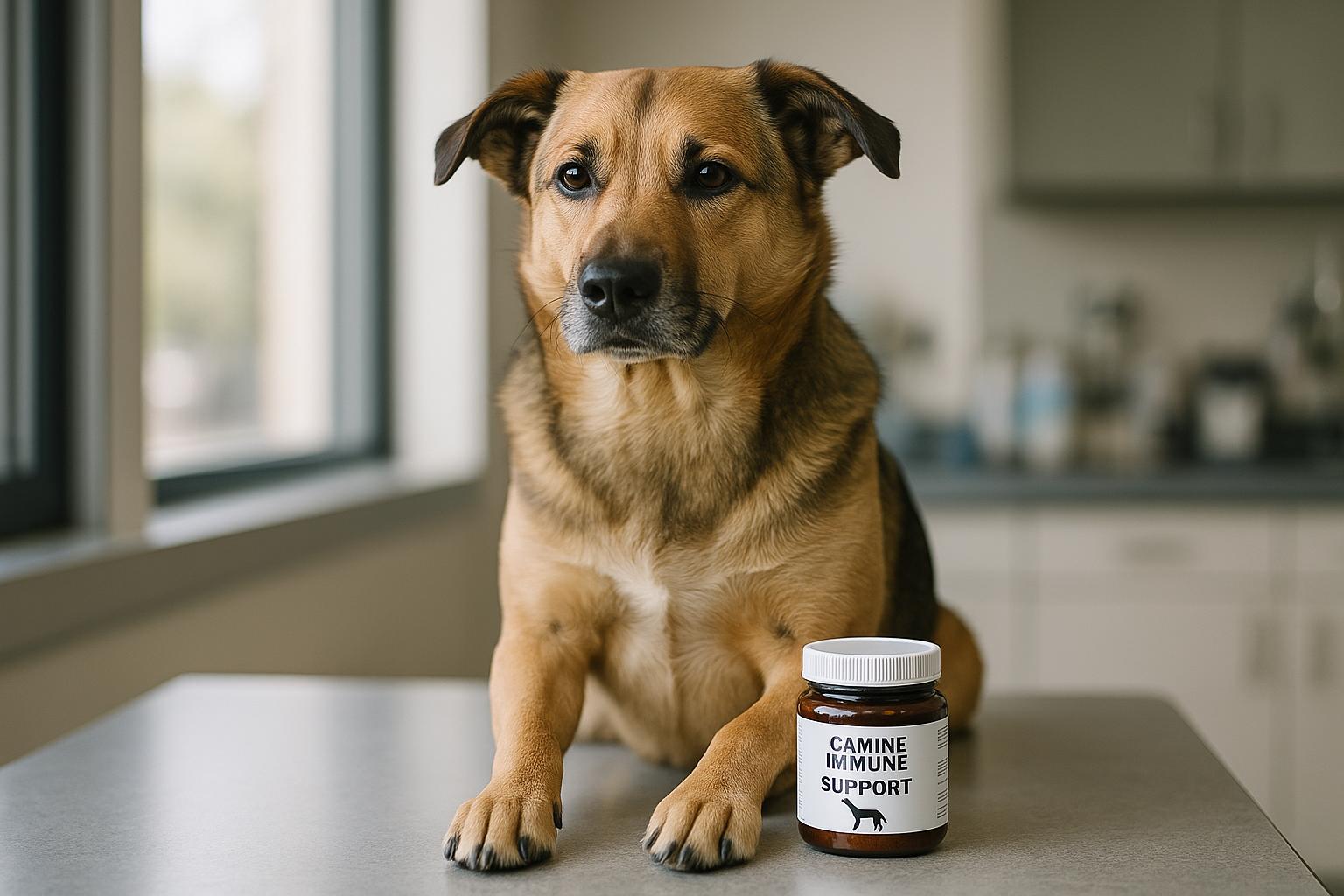 Medium-sized mixed-breed dog beside a jar of powdered canine supplement on a clinic counter, natural window light