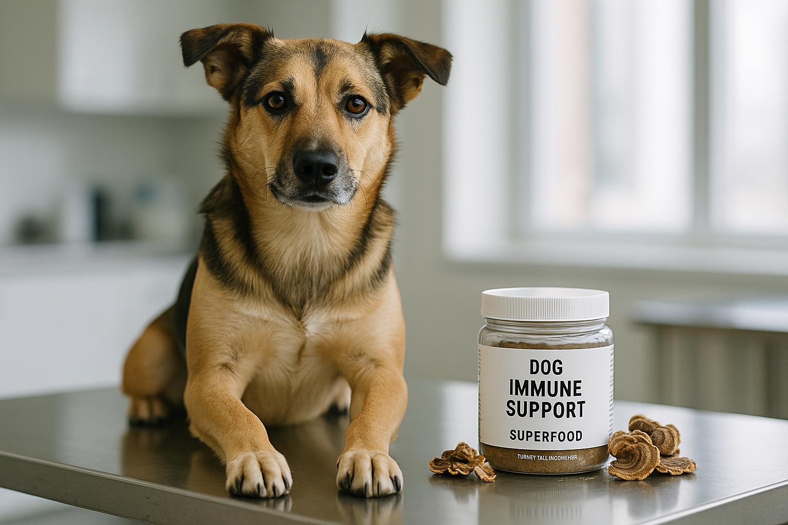 Mixed-breed dog at a veterinary clinic beside a jar of Dog Immune Support Superfood and Turkey Tail mushroom pieces.
