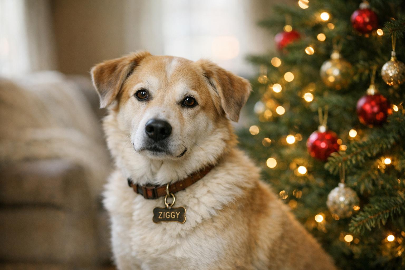 Ziggy the gentle, affectionate dog sitting near a Christmas tree in a living room