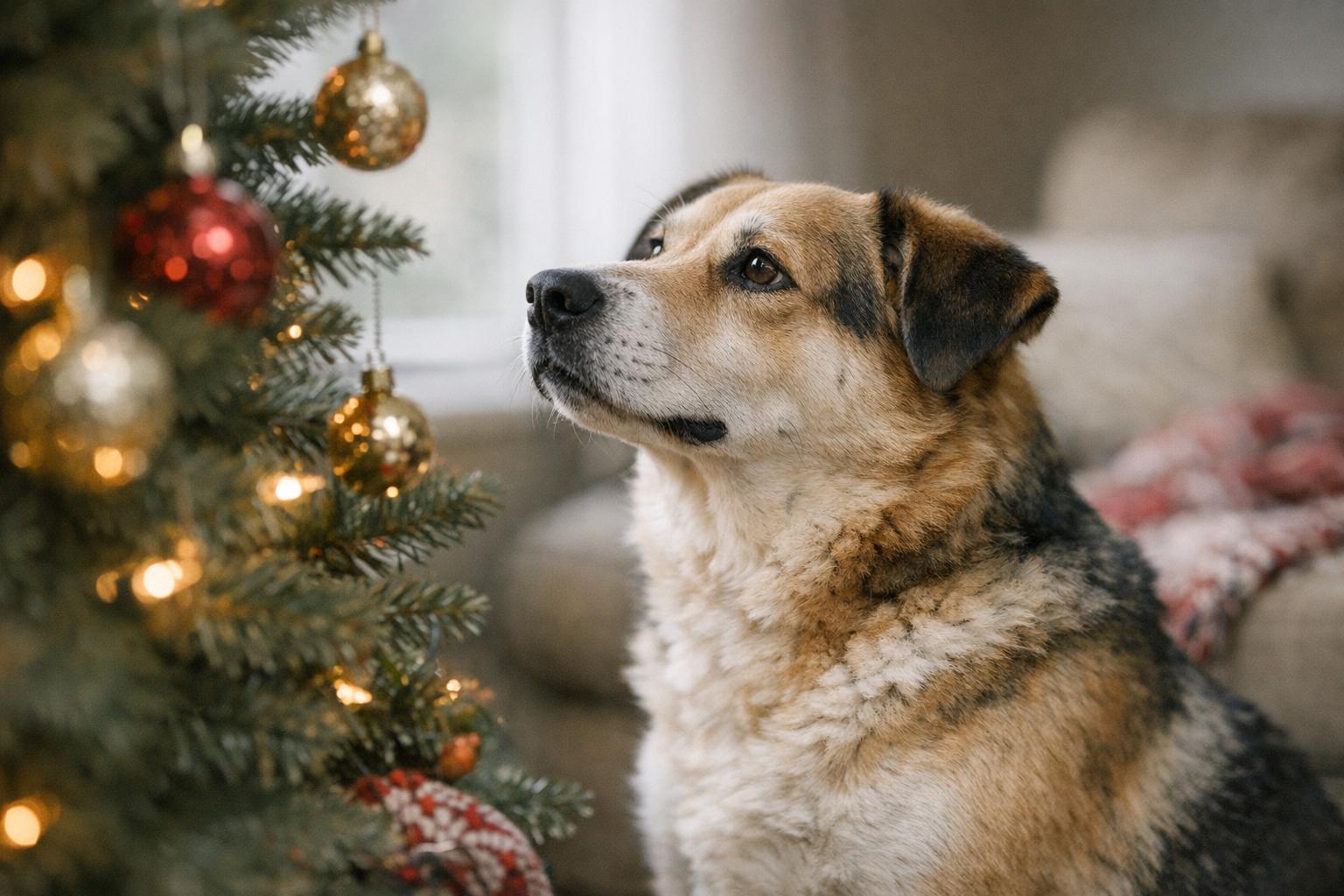 Ziggy, a gentle mixed-breed dog, sitting near a Christmas tree in a living room, looking calm and attentive