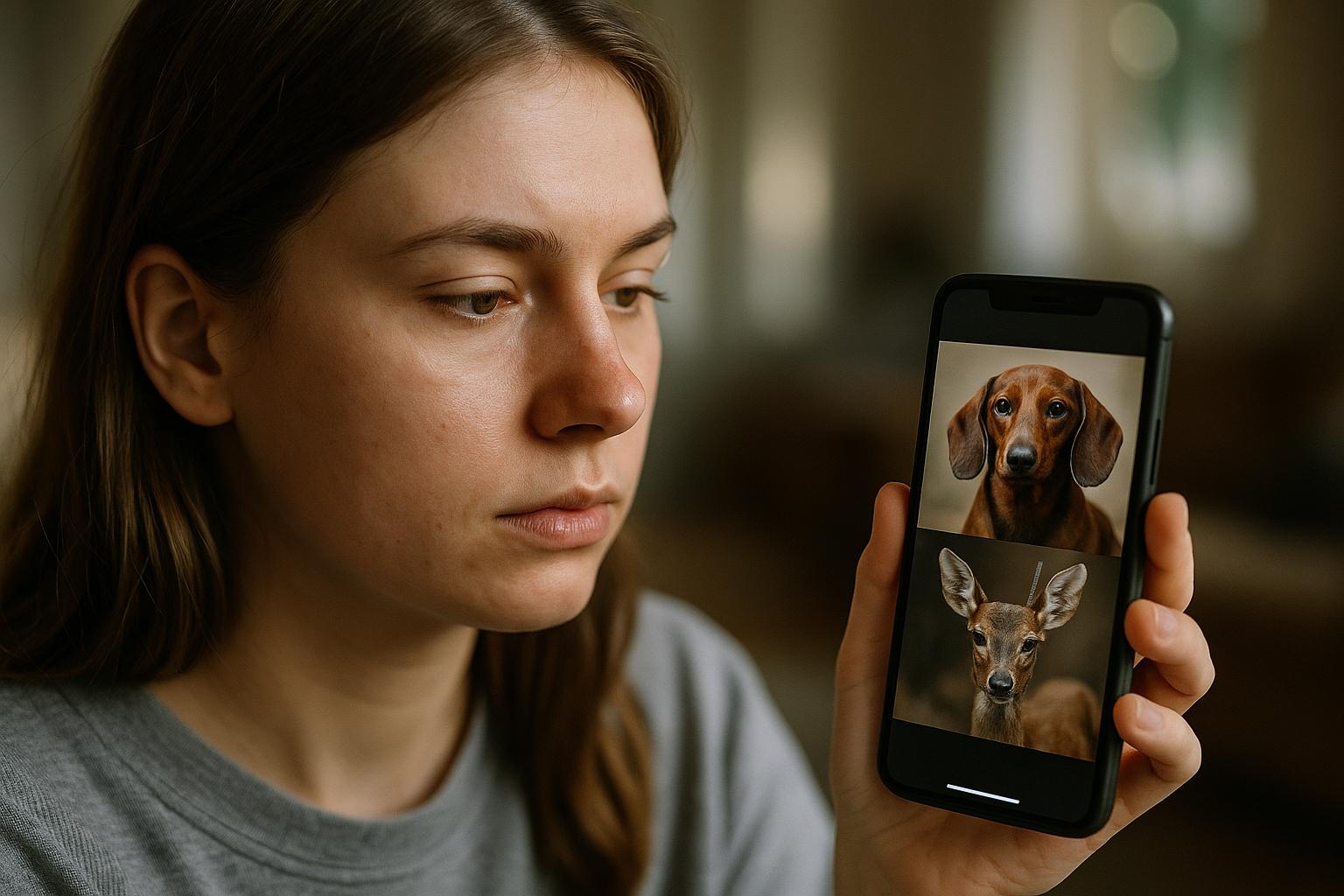 Influencer viewing AI-generated images of a dachshund and a deer on a smartphone screen, indoor natural light.