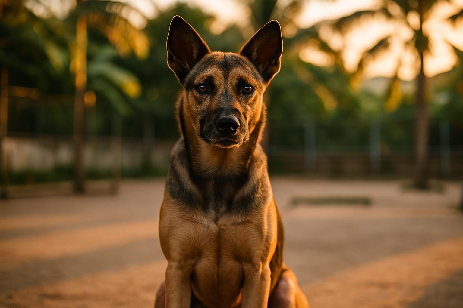 A calm, alert mixed-breed dog sitting in a Chiang Mai outdoor training courtyard at golden hour, shallow depth of field.