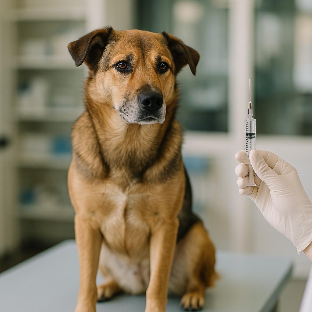 Mixed-breed dog on an exam table with a veterinarian preparing a syringe, photorealistic image