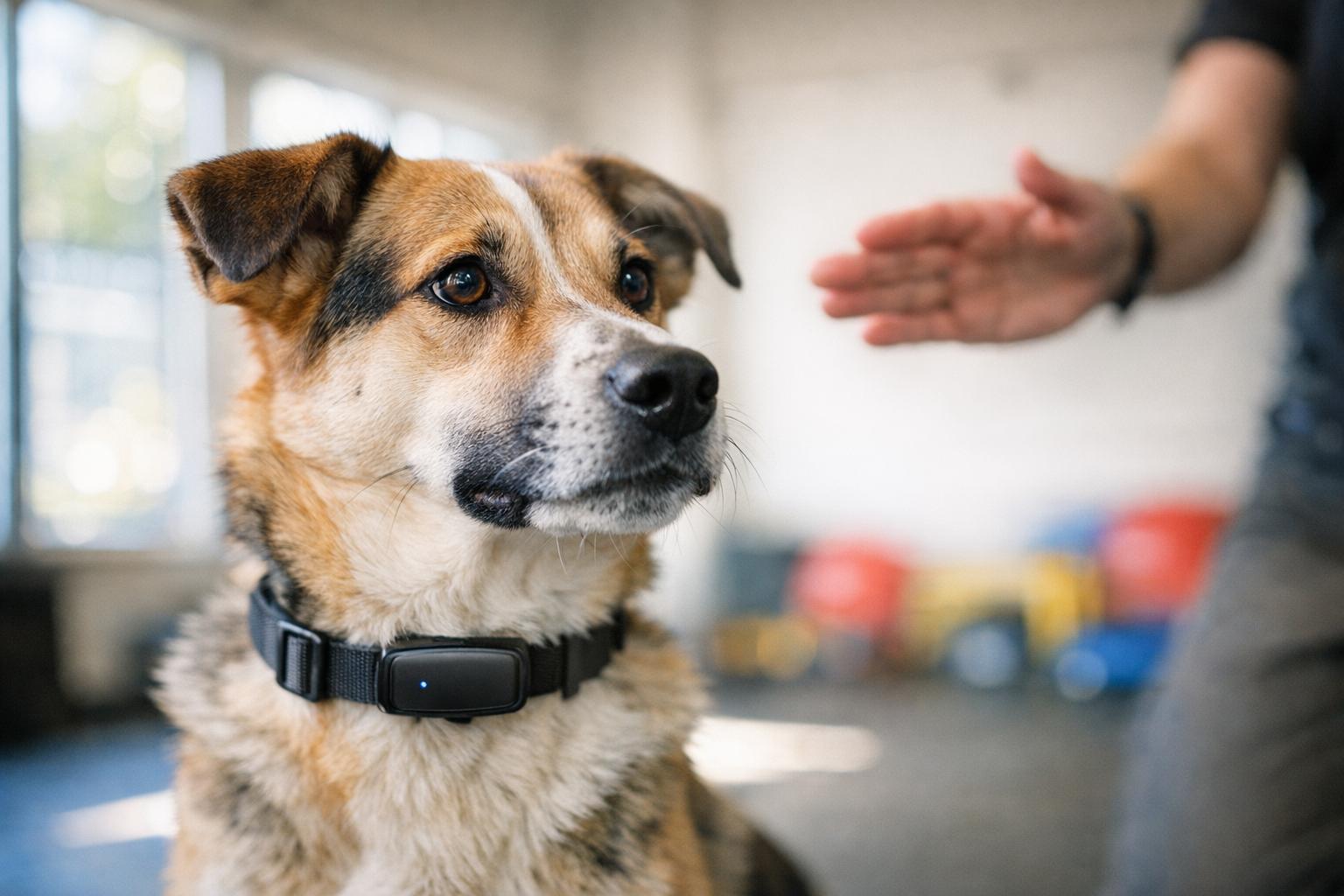 A medium-sized mixed-breed dog wearing a smart activity collar in a training gym, trainer gesturing in the background.