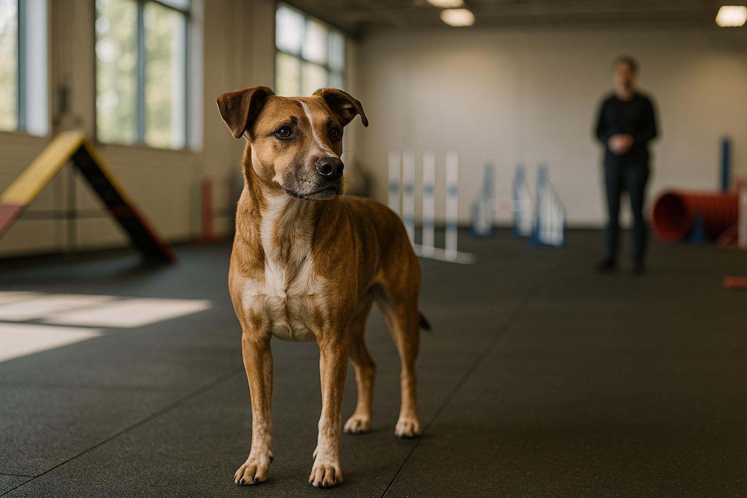 Mixed-breed dog standing in an indoor dog training gym with agility equipment and a trainer in the background